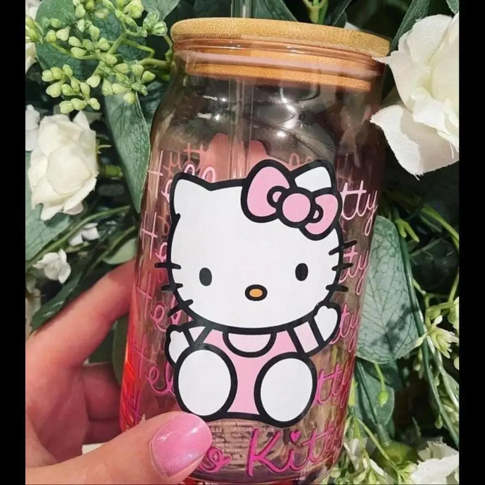 Sanrio Hello Kitty Glass Tumbler with Bamboo Lid and Glass Straw